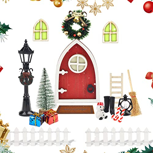 Vibbang 19 Stück Weihnachten Puppenhaus Zierschmuck, Wichteltür Zubehör Weihnachten Set, Glühen in Dunklen Miniatur Fenster und Tür, Miniatur Feentür Dänische Weihnachten Wichtelhaus Set (C)