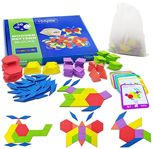 NINGESHOP Kinder Geometrische Formen HolzPuzzles, 155 Teile Bausteine Montessori Spielzeug Puzzle und 24 Designkarten Geeignet für 3 4 5 6 jährige Kinder Pädagogisches Spielzeug