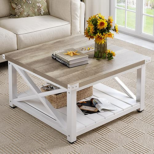 YITAHOME Couchtisch, Quadratischer Wohnzimmertisch 2-stöckiger, Couchtisch mit Stauraum für Couch Schlafzimmer,Stabiler Metallrahmen 80 x 80 x 45 cm