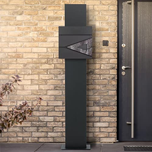 ECD Germany Standbriefkasten mit Zeitungsfach, Briefkasten Standfuß freistehend, Briefkastenständer Anthrazit 170 cm aus Edelstahl pulverbeschichtet, Postkasten Anthrazit-Schwarz Marmoroptik Stahl