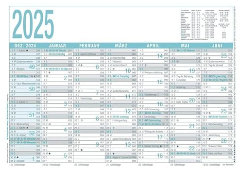 Zettler - Arbeitstagekalender 2025 grau/türkis, 29,7x21cm, Plakatkalender mit 6 Monaten auf 1 Seite, Mondphasen, Arbeitstage-, Tages- und Wochenzählung, Ferientermine und deutsches Kalendarium