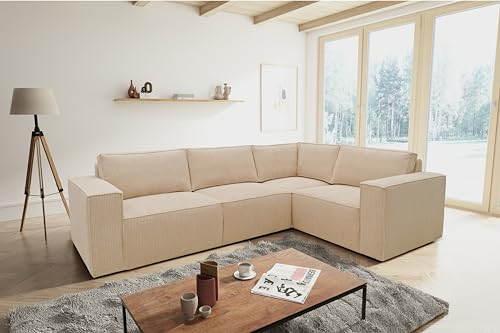 DOMO. collection Ecksofa Portland, Sofa in L-Form, modernes Cord-Sofa, Couch, Ecke, Polsterecke Eckcouch, 277 x 197 x 84 cm (BxTxH), Cord creme