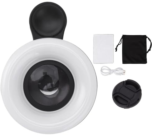 Phone Camera 15X Macro Lens with Mini Clip Ring Light 2800 to 6500K Phone Ring Fill Light Lens for Photography Video Recording (Black)