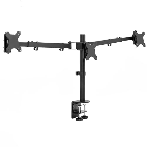 VIVO Premium Dreifach-Monitor-Tischhalterung für 3 Bildschirme bis zu 10 kg, passend für bis zu 96,5 cm (38 Zoll) Ultrabreite auf der Mittelhalterung, verstellbare Teleskoparme, bündige Wandmontage,