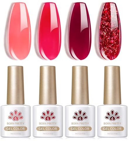 BORN PRETT Jelly Gel Nail Polish Set Sheer Milky Jelly Red Burgundy Gel Polish Crystal Transparent Gel Polish Ruby Regalia Milky Jelly Series Nail Art Varnish Manicure Collection Gift Set 7ML 4PCS
