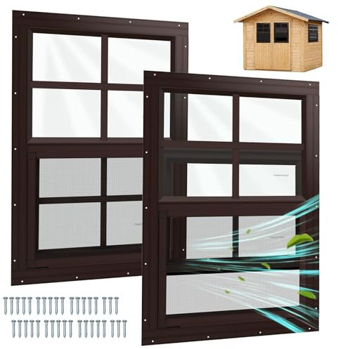 Kerty 2 Pack Shed Window, 18 W x 23 H Flush Mount Window with Tempered Glass for Sheds, Chicken Coops, Garage and Playhouse (Brown)