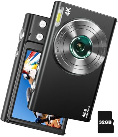 Appareil photo numérique 4K pour photographie et vidéo Autofocus anti-tremblement, zoom 16x, 48 MP, appareil photo pour adolescents et adultes débutants avec carte de 32 Go, 2 batteries, chargeur