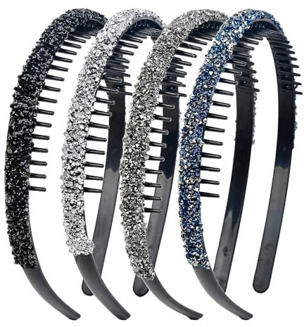 FloralGrace Lot de 4 bandeaux en strass pour femme - Noir, argent, gris, bleu foncé - Avec dents - Antidérapants - Peigne à cheveux en cristal - Pour femme