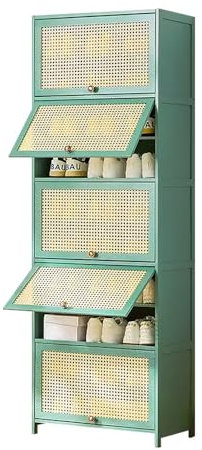 Shoe Rack Organizer Cabinet with Flip-up Doors - Green, 9 Tier Shoe Storage for Closet Hallway Bedroom Entryway - Adjustable Shelves rattan Shoe Cabinet