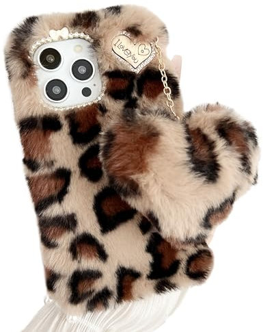 Fluffy Plush Case For iPhone 5 / 5s / SE 2016 Heart-shaped Pendant TPU Bumper Protective Cover with Bling Diamond bowknot Cute Warm Winter for Women Girls Shockproof-White leopard print