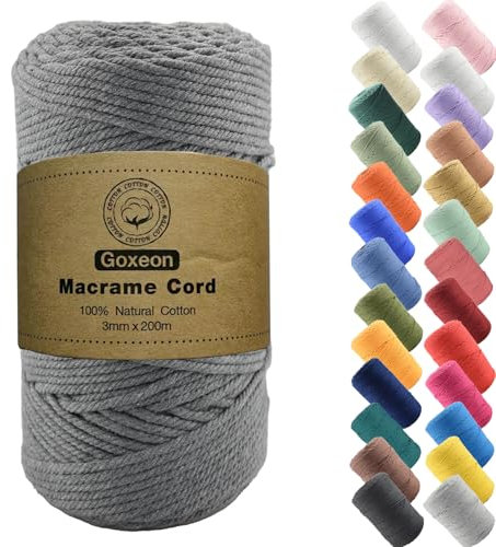 Goxeon 3mm x 200m Macrame Cord Cotton Cord - 4 Strand Twisted Natural Cord for Wall Hanging, Plant Hangers, Crafts, Knitting (Grey)