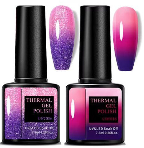 Fashion Base 2 Pcs Color Changing Gel Nail Polish Set, Thermal Temperature Color Changing Diamond Glitter Reflective Nail Polish DIY Nail Art Manicure at Home