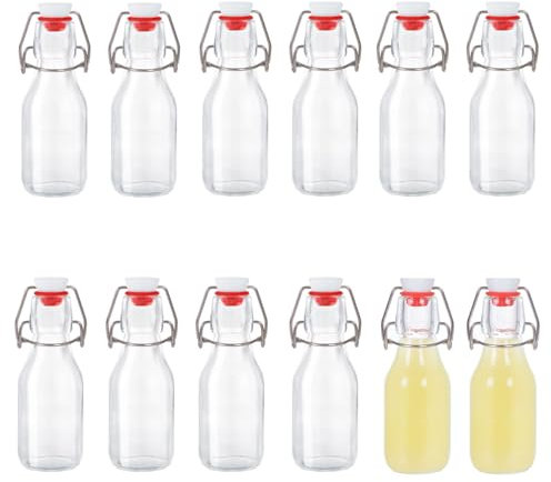 12 Botellas Cristal 100ml con Tapón Hermético, Botella Vidrio, Botella de Cristal Transparente Hermética para Bebidas, Cerveza, Aceite, Vinagre, Agua