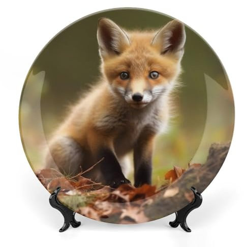 ZLFDSKGY Assiette décorative en porcelaine anglaise avec support de présentation, assiettes à dîner en céramique motif bébé renard, assiettes décoratives rondes en porcelaine, 6 pouces