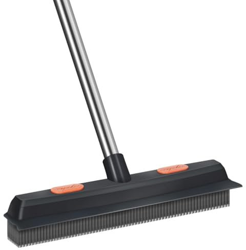 Rubber Broom, 2 in 1 Rubber Broom with Squeegee, Adjustable Long Handle Rubbers Brooms, Floor Scrubing Brush, for Pet Cat Dog Hair Removal Carpet Kitchen Garden Yard Window Cleaning,Black