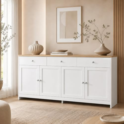 YGHQAP Sideboard Wohnzimmer, Sideboard Weiss Holzmaserung, Küchenschrank Buffetschrank Mit 3 Stauraum Schublade Und 4 Türen, Kommoden Sideboards Für Wohnzimmer Esszimmer Flur