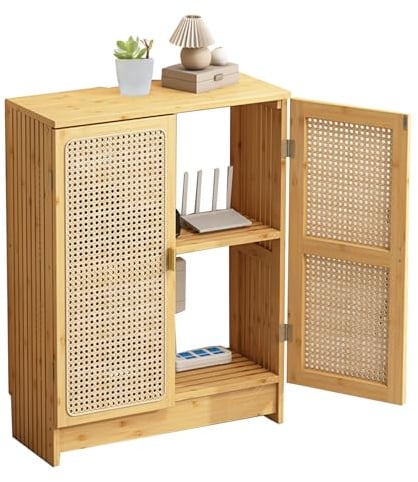 Jueraori Rattan Router Schrank, WiFi Router Aufbewahrungsbox, 70x50x25cm | Vielseitig Bambus Aufbewahrungsschrank mit Verstellbaren Regalen, für Wäsche, Küche, Wohnzimmer (Natur)