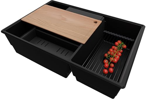 PRIMAGRAN Spülbecken ab 80er Unterschrank + Ablauf-Set, 78x53cm | Set: Ablauf-Set (Siphon, Ablaufgarnitur, Überlauf) + Granitspüle 2 Becken - Paris Chef, Alles Schwarz