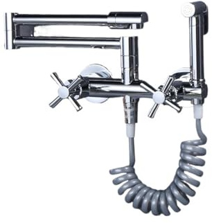 Chrome Kitchen Sink Faucet Foldable Pot Filler Tap Matte Black Dual Handle Wall Mounted Hot and Cold Water for Most Scenarios(Chrome)