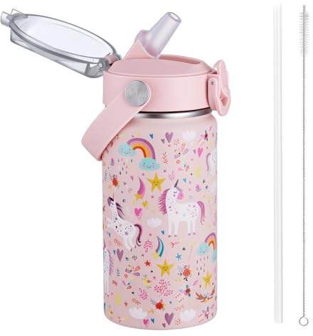 Autsel - Edelstahl Trinkflasche Kinder - Thermo Edelstahl Wasserflasche - Auslaufsicher - Federleicht - BPA-frei - Flasche für Schule, Kindergarten - 420ml