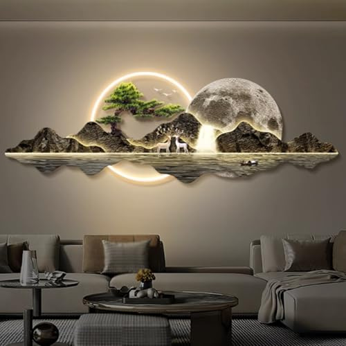 YVYKFZD 3D Wanddeko, LED Wandkunst, Wanddekoration 3D-Wandskulptur, chinesische Landschafts Wandskulpturen for Wohnzimmer, Eingangsbereich, Flur(Style a,80x26cm/31.4x10.2)