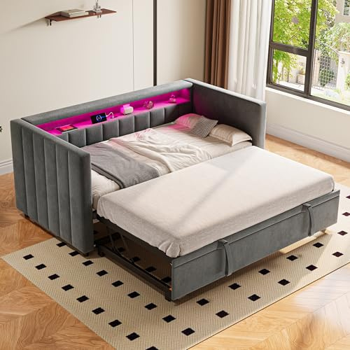 HMHKHN Schlafsofa 90x190 cm, Tagesbett Ausziehbett, Schlafcouch mit USB-C-Anschluss, LED-Ambiente, Schrankbett mit Schlaffunktion & Lattenrost, Samtstoff, Ohne Matratze(Dunkelgrau)