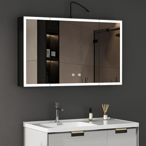 WDWRITTI LED Spiegelschrank mit Beleuchtung 60x90x13.5cm Badezimmerschrank, Bad Metall Badschrank Medizinschrank Spiegel Kabinett mit 3-Farben Dimmbar, Beschlagfrei, 4 Glasablage