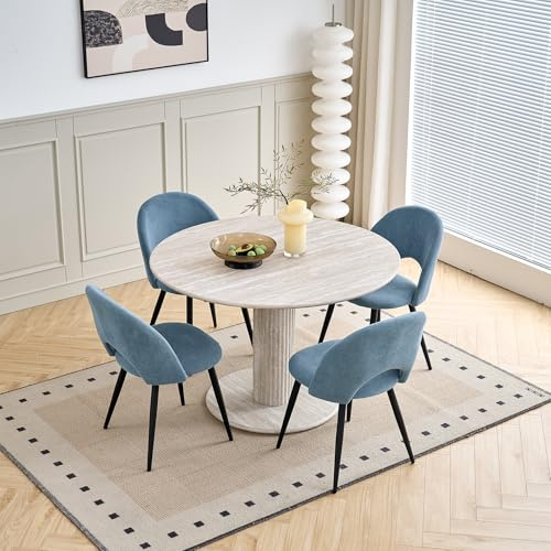 DEYARNA HOME 115cm Runder Esstisch mit 4 Esstischstühlen, Küchentisch aus MDF (Travertin-Maserung) und 4 Gepolsterte Stühle für Küche, Esszimmer, Wohnzimmer und Büro (Grauer Tisch + Blaue Stühle)