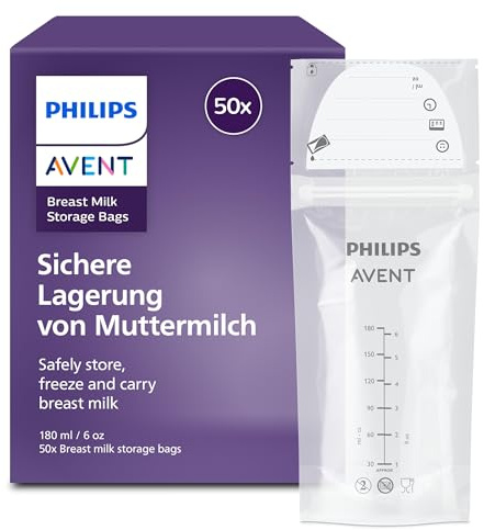 Philips Avent Sacchetti per latte materno - Presterilizzati, per conservare e congelare il latte materno, senza BPA, ermetici, facili da usare, 180 ml, confezione da 50 pezzi, SCF603/50