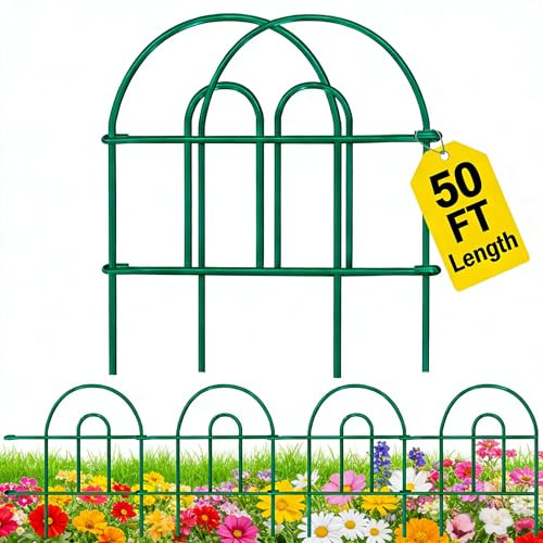 AMAGABELI 35 Panels 18in(H)×50ft(L) Decorative Garden Fence No Dig Rustproof Metal Pre-Linking Fence Panels Garden Edging Border Animal Barrier Fencing for Flower Beds Yard Patio Outdoor Decor Green