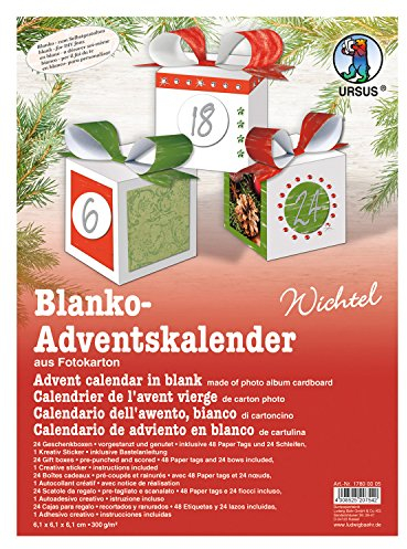 Ursus 17800005 - Adventskalender, Wichtel blanko, 300 g/qm, aus Fotokarton, hochweiß, vorgestanzt und genutet, 24 Geschenkboxen, 48 Paper Tags, Kreativ Sticker in silber, inklusive Bastelanleitung