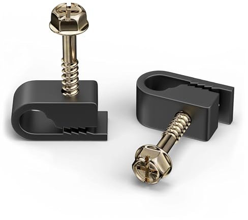 Coaxial Cable Clips (Available in Single or Double Wire, Black and White) Cat6, Electric Wire Cable Nail Clippers, Clip and Single Screw Black – 50 Pack