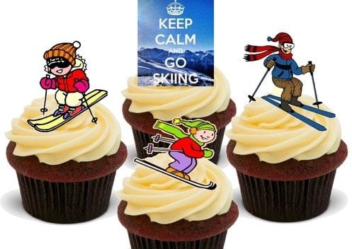 Keep Calm Go Skiing Mix - 12 Edible Stand Up Premium Wafer Card Cake Toppers Decorations