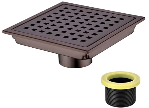 Orhemus 6 inch Stainless Steel Square Shower Floor Drain with Threaded Adapter, Removable Cover Grid Grate, Brushed Bronze Finished