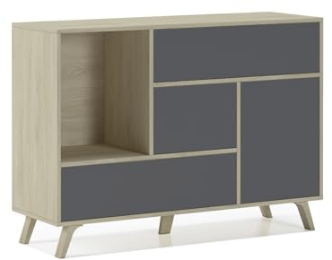 Skraut Home | Aparador para Salón o Comedor | 86 x 120 x 40 cm | Buffet con 1 Puerta + 3 Cajones | Modelo Wind | Madera Resistente | Acabado Roble/Gris