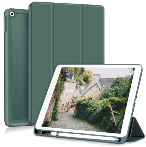 ZOYU Hülle für iPad 6. 5. Generation 2018 2017, Hülle mit Stifthalter für iPad 6/5, Silikon Schutzhülle für i Pad 9,7 Zoll, Automatisches Einschlafen/Aufwachen, Dunkelgrün