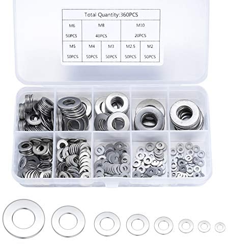 360PCS Flat Washers, Stainless Steel Silver Round Metric Flat Washers M2 M2.5 M3 M4 M5 M6 M8 M10 for Home Decoration Factories Repair Construction