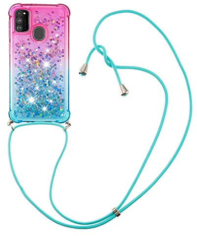 Handykette Handyhülle kompatibel mit Samsung Galaxy A21s Hülle Gradient Glitzer Flüssig Hülle mit Band Kette Schutzhülle Weiche Flexible Transparent TPU Stoßfest Case Cover(Pulver Blau)
