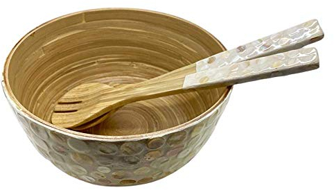 VIE Gourmet Salatschüssel aus Bambus, 23 x 10 cm, Weiß, mit passendem Salatbesteck, Mehrfarbig, Einheitsgröße