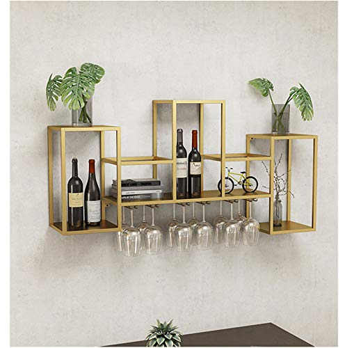 Porta bottiglie da vino Portabottiglie da parete con ripiano espositivo, portabottiglie industriale da appendere con 6 portabicchieri, ripiani a muro per esposizione di vini, oro / 41,7 x 7,87 x 16