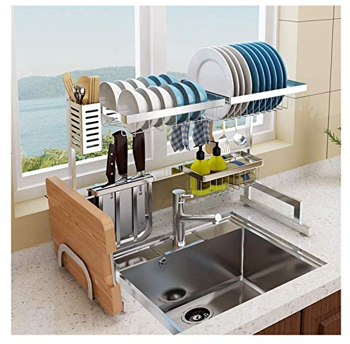 Dxbqm Scolapiatti da Cucina Organizer da Cucina in Acciaio Inox Stoviglie Stendino sopra Il lavandino Scolapiatti Porta Utensili da Cucina da appoggio 1206 (Colore: Argento, Dimensioni: Meno di 32