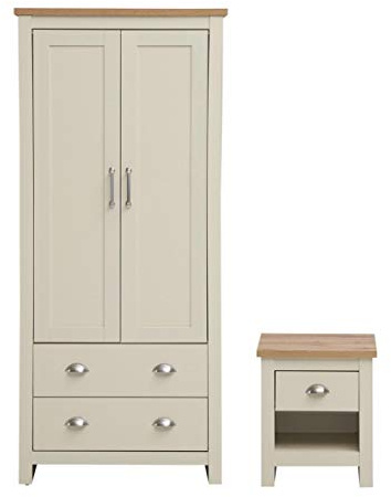 Timber Art Design UK Lisbon 2 Door Wardrobe, Oak Top Cupboard with Hanging Shelf, Metal Handles and Bedside Table with 1 Drawer, Modern Furniture Storage Organizer For Bedroom, Living Room, Cream