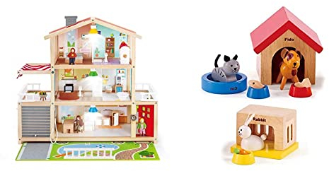 Puppen-Villa von Hape| Preisgekröntes Puppenhaus mit 10 Zimmern aus Holz ab 3 Jahren & Hape International Haustiere für die ganze Familie aus Holz für Puppenhäuser von Hape