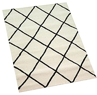 CARPETIA Skandinavischer Teppich Wohnzimmer Rautenmuster Schwarz Creme pflegeleicht Größe 80x150 cm