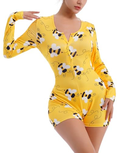 ABAFIP Women's Round Neck Long Sleeve Pajama Bodysuit One Piece Romper Bodycon Shorts Jumpsuit Cute Bees Print Overall Teddy Sleepwear Nightwear Pjs Yellow Medium