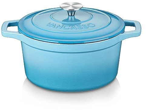 vancasso Casserole Dish, 5 Liters Blue Round Cast Iron Dutch Oven, Naturally Non-Stick Braise Pan with Stainless Steel Knob Lid Enameled Cast Iron Pot for All Stovetops Compatible - 26cm