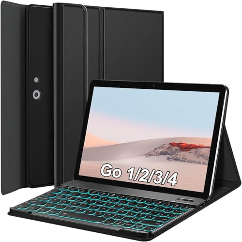 Wineecy Beleuchtete Tastatur Hülle für Surface Go 4/3/2/1 Tablet 10.5/10 Zoll, 7 Farben Magnetisch Abnehmbare Kabellose QWERTZ Tastatur mit PU Leder Schützhülle