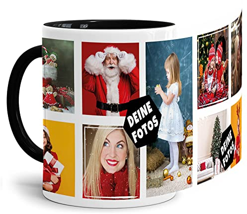 Foto-Tasse zum selbst gestalten mit Foto-Collage für 9 Wunschfotos - Geschenk für Familie, Freunde, Geburtstag, Weihnachten - Keramik Innen & Henkel Schwarz, 300 ml I Personalisiert
