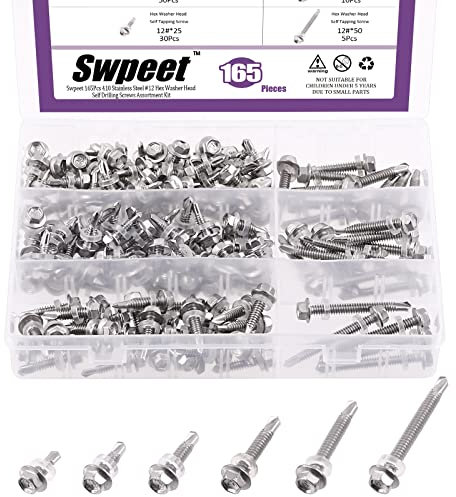 Swpeet 165Pcs 410 Stainless Steel #12 kit de combinaison de vis auto - perceuses, tête de rondelle hexagonale auto - perceuse tête de vis en tôle auto - taraudeuse (n ° 12, argent)