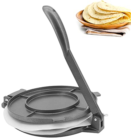 Beowanzk Tortilla Press,8 Inch Aluminium Tortilla Press,Pre-Seasoned Tortilla Maker with 100 Pcs Non Stick Greaseproof Baking Paper,Tool to Making Tortilla,Chapati,Roti (Black)